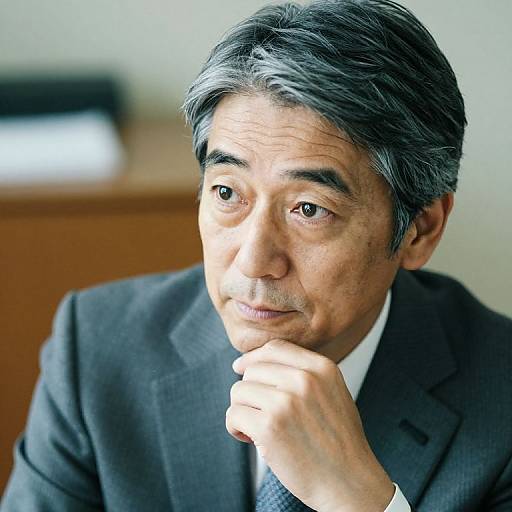 Photograph of an Asian man with gray hair, wearing a dark suit, thoughtful expression, resting chin on hand, blurred office background.