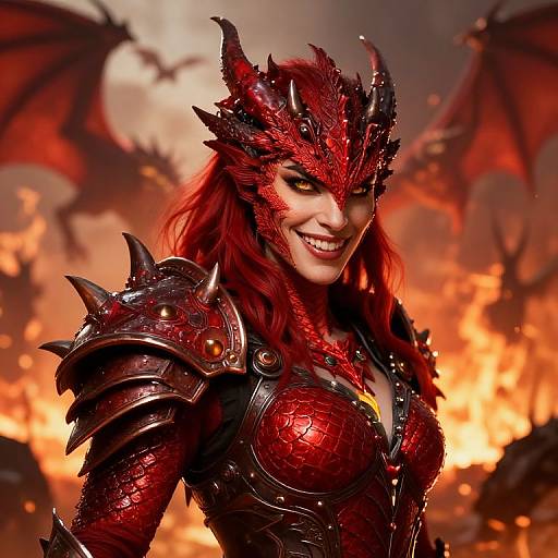 Digital art of a smiling, red-scaled, horned demon woman in shiny, spiked armor with wings, set against a fiery, blazing background.