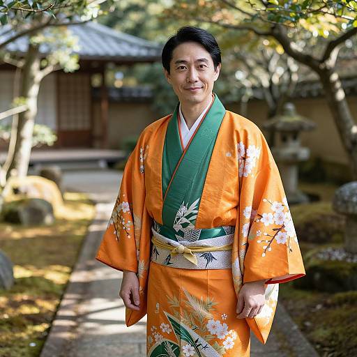 Man in Traditional Japanese Kimono in Garden