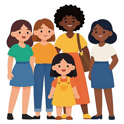 Illustration of five diverse women and a young girl, standing together. They wear colorful clothes: green, orange, yellow, blue, and white.