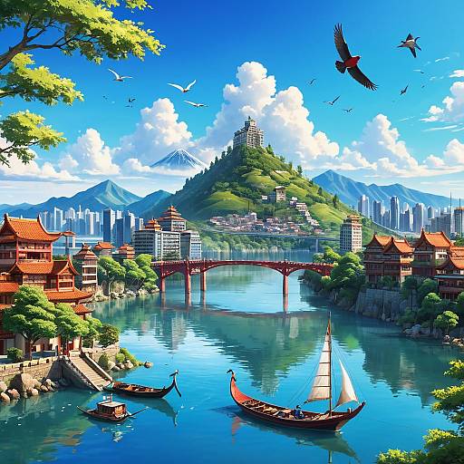 Scenic Cityscape with Watercraft and Nature