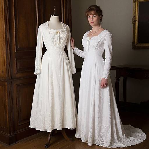 Photograph of a woman in a white, long-sleeved, lace-trimmed Victorian-style dress, standing beside a dress mannequin,