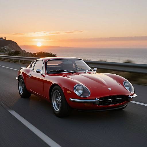Photograph of a shiny red vintage Porsche speeding on a coastal road during a vibrant sunset, with the ocean and hills in the background.