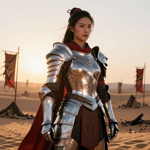 Asian woman in silver armor with red cape stands in sunlit desert, flags and debris in background, CGI image.