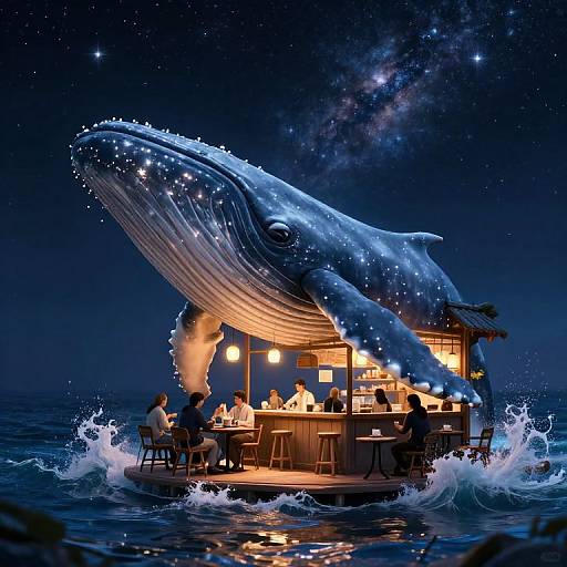 Digital artwork: A glowing, starry blue whale arches over a lit, floating ocean bar at night, with patrons seated at tables. Waves splash