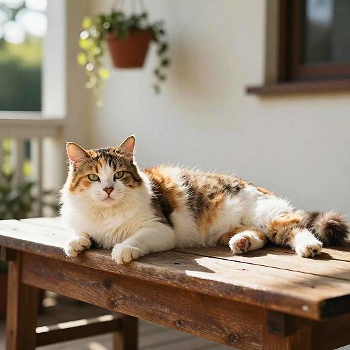Calico Cat Relaxing on Sunlit Porch