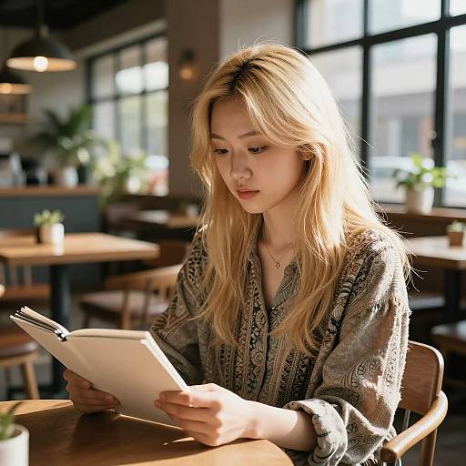Photograph of a blonde, fair-skinned woman with long hair, wearing a patterned blouse, reading a notebook in a sunlit, cozy café