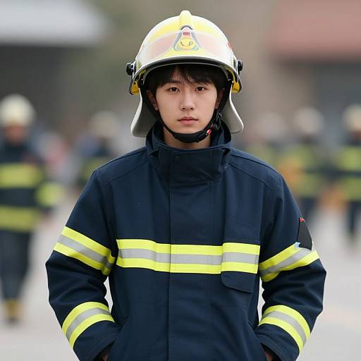 Photograph of an East Asian male firefighter standing outdoors, wearing a white helmet and black uniform with yellow stripes, hands in pockets, blurred background of other