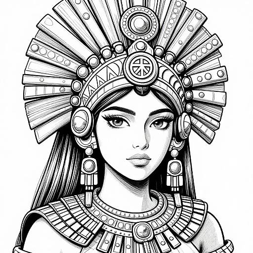 Black and white digital drawing of a woman with intricate, metallic Aztec-style headdress, large circular earrings, and detailed necklace. She has long,