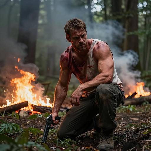 Muscular Man with Gun in Burning Forest