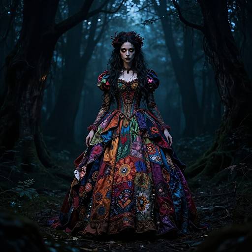 Photograph of a dark-haired woman in a vibrant, floral-patterned Victorian dress standing in a mystical, blue-lit forest.