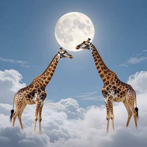 Photograph of two giraffes standing on clouds, facing each other, with a bright full moon behind them in a clear blue sky.