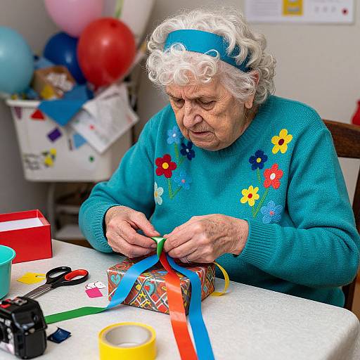Elderly Woman Wrapping Gift Chaos