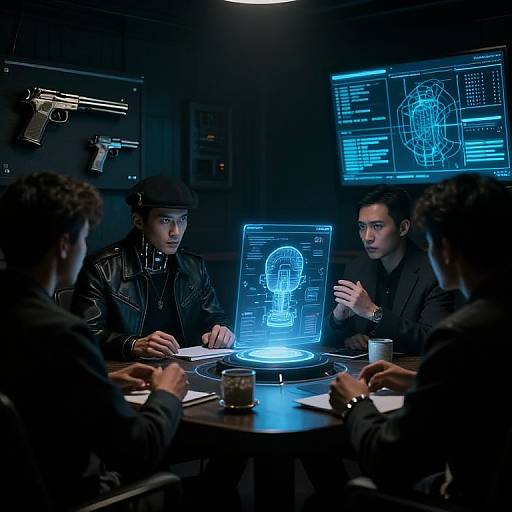 Photograph of four men in black leather jackets and hats, seated around a table with a glowing holographic head scan, in a dimly lit,