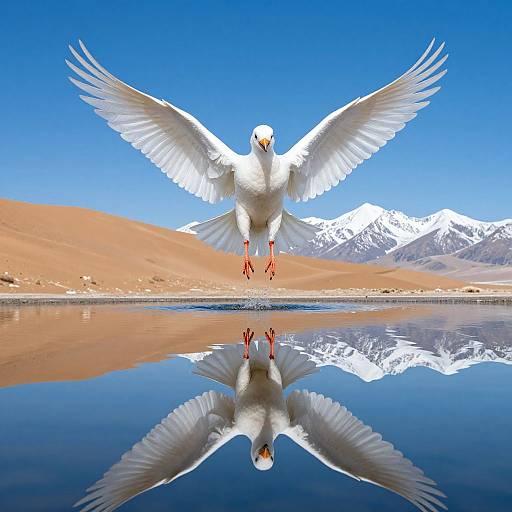 Photograph of a white bird with outstretched wings, reflected in a still water pool, against a backdrop of blue sky, sandy hills, and