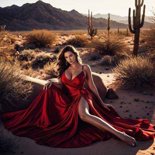 Glamorous Model in Red Gown in Desert