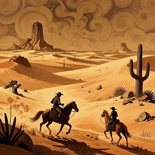 Vintage-style illustration of two cowboys on horseback riding through a swirling, orange desert with cacti, rocks, and distant mesas.