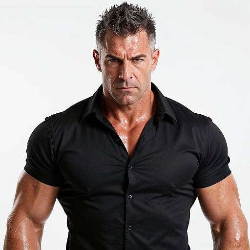 Photograph of a muscular, sweaty, middle-aged man with short, spiky gray hair, wearing a tight, black, button-up shirt, against