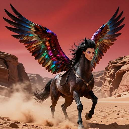 Digital art of a dark-winged, black-maned horse with rainbow feathers, galloping through a desert with a fiery red sky.