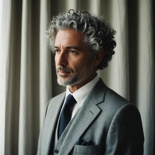Thoughtful Man in Grey Suit with Curly Grey Hair