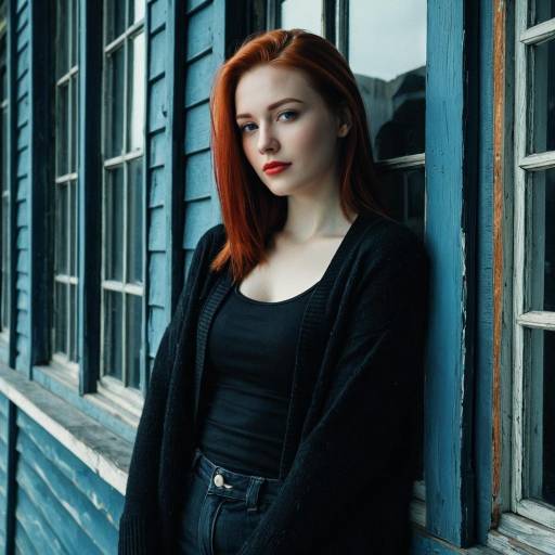 Young woman with red hair standing by blue wooden wall