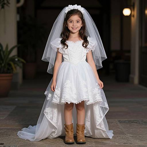 Photograph of a young girl in a white lace wedding dress with a long veil and brown boots, standing indoors, smiling.