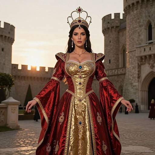 Photograph of a dark-haired woman in an ornate red and gold medieval queen's gown with a jeweled crown, standing in front of a castle