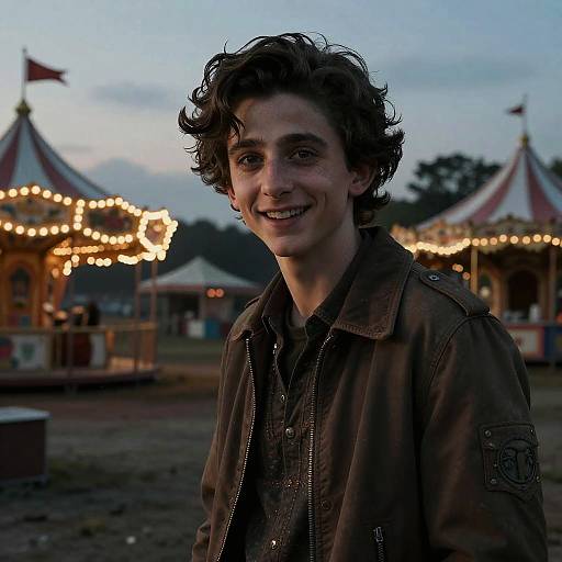 Photograph of a curly-haired young man with a smile, wearing a brown jacket, standing in front of a brightly lit, colorful carousel at dusk.