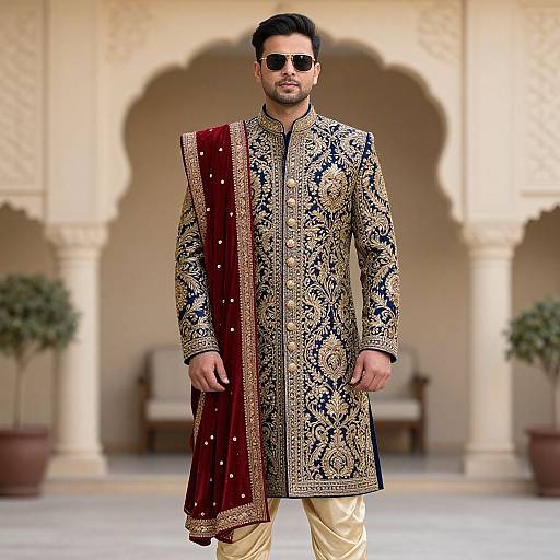 Short Groom in Blue Gold Sherwani