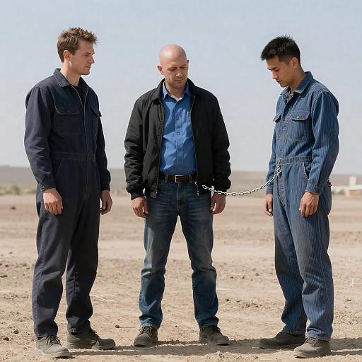 Three Men Linked by Chain in Field