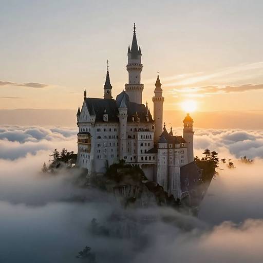 Photograph of a majestic, multi-towered castle silhouetted against a golden sunset, surrounded by floating clouds, creating a dreamlike, eth
