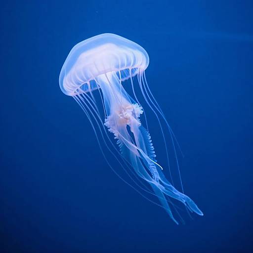 Photograph of a glowing, translucent jellyfish with long, delicate tentacles against a deep blue underwater background, illuminated by ethereal white light.