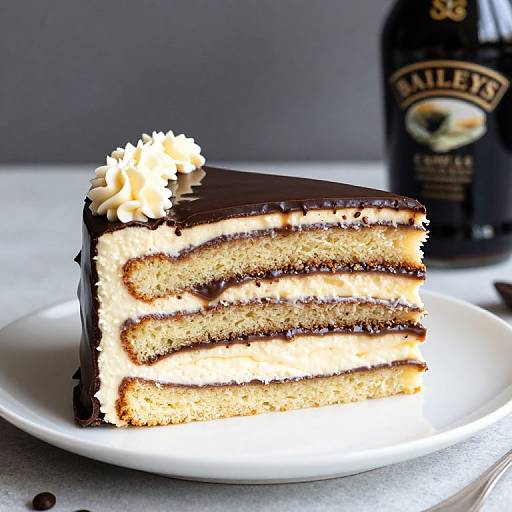 Photograph of a layered chocolate cake slice with creamy filling, topped with frosting swirls, on a white plate, beside a bottle of Bailey's Irish