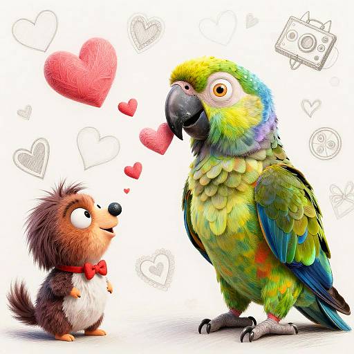 Digital illustration of a colorful parrot and a cute brown hedgehog with a red bowtie, both gazing at floating pink hearts. Background features sketch