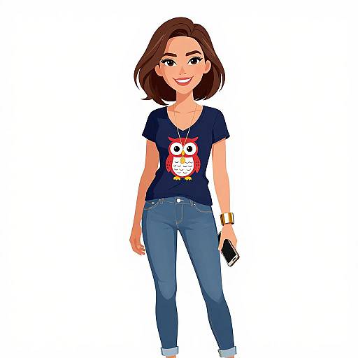 Digital cartoon of a smiling woman with brown hair, wearing a navy T-shirt with a Hello Kitty design, blue jeans, gold bracelet, holding a smartphone