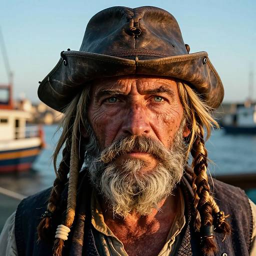 Close-up photograph of a rugged, weathered elderly man with a long gray beard, braided hair, and a worn brown hat, set against a