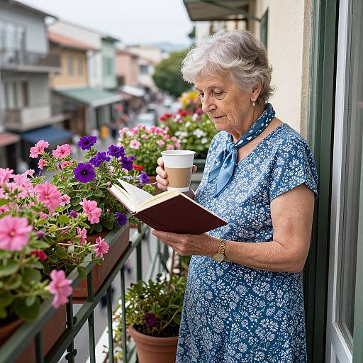 Elderly woman with short gray hair, wearing blue floral dress, reading book on balcony with vibrant pink and purple flowers.