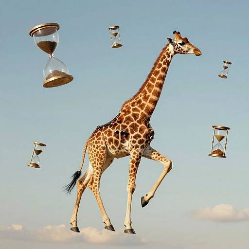 Photograph of a giraffe with a distinctive orange and brown pattern standing on a cloud, surrounded by floating hourglasses against a clear blue sky.