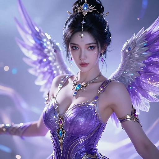 Digital illustration of a beautiful, ethereal Asian woman with blue eyes, dark hair in an updo, wearing a purple, glowing dress with angel wings