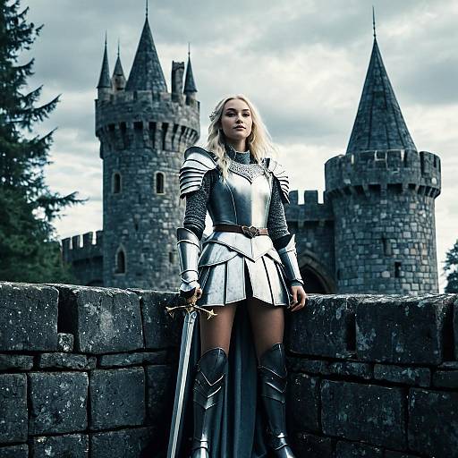 Female Knight in Silver Armor on Castle Battlements