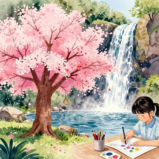 Kindergartener's Detailed Cherry Blossom Watercolor