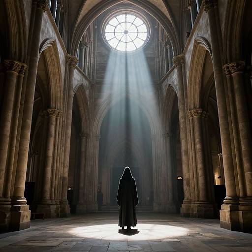Photograph of a lone figure in a hooded cloak standing in the radiant sunlight streaming through the circular window of a grand, Gothic cathedral interior.