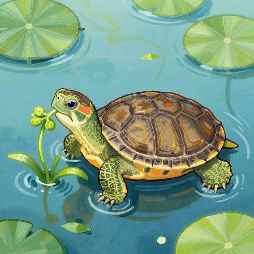 Cute Turtle Eating Aquatic Plants in Pond