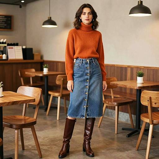 Photograph of a young woman with wavy dark hair, wearing an orange sweater, blue button-up denim skirt, and brown boots, standing in a