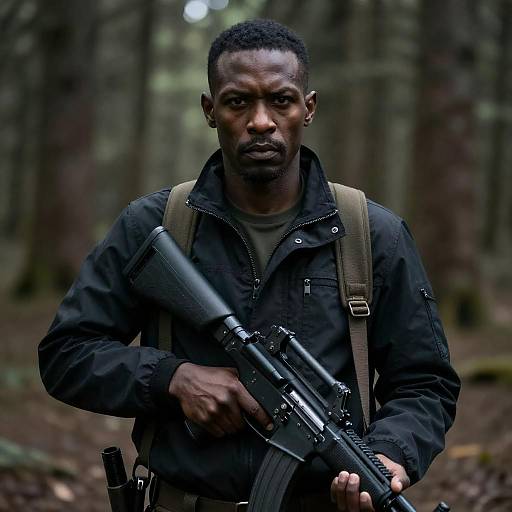 Serious Man with Rifle in Forest