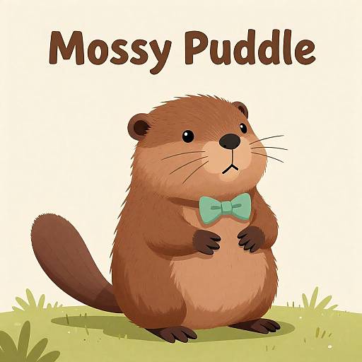 Cartoon illustration of a cute brown beaver with a green bow tie, standing on grass, labeled 