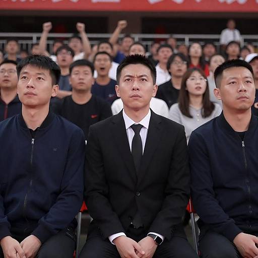 Serious man in black suit at crowded stadium