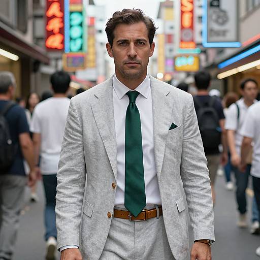 Photograph of a handsome, serious-looking man in a light gray suit, white shirt, green tie, standing in a bustling urban street with neon signs