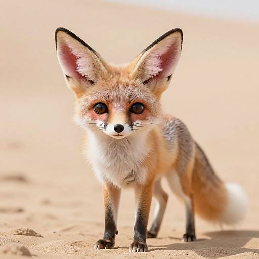 Photograph of a cute, alert red fox with large ears, orange fur, and white chest, standing on sandy ground. Blurred background.