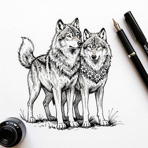 Intricate Ink Illustration of Intertwined Wolves